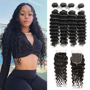 Deep Wave Brazilian Hair 4 Bundles With Lace Closure