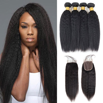 Virgin Malaysian Yaki Hair Kinky Straight 4 Bundles with 4*4 Lace Closure Virgin Hair