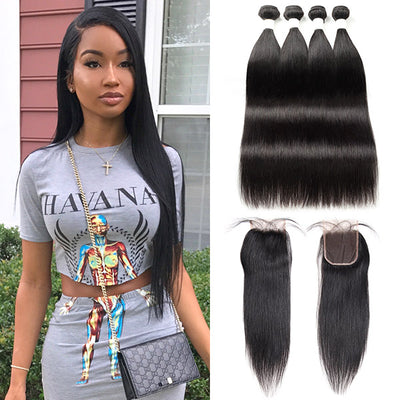 Brazilian Straight Hair 4 Bundles With 4*4 Lace Closure