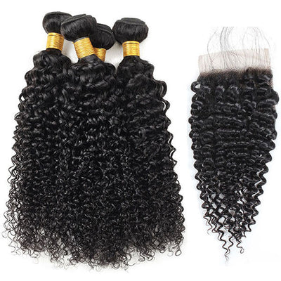 100% Virgin Indian Curly Wave Hair 4 Bundles with Closure