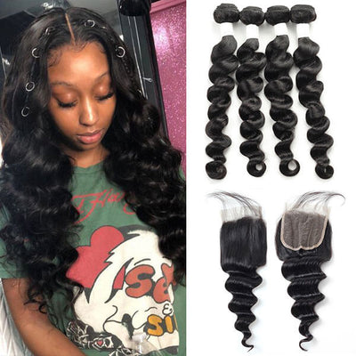 Brazilian  Loose Deep Wave 4 Bundles With 4*4 Lace Closures