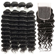 Deep Wave Brazilian Hair 4 Bundles With Lace Closure